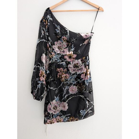 Yumi Kim Black and Pink Floral Asymmetric Mini Dress - Picture 4 of 9